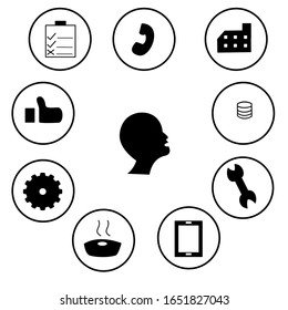 Iconos de preguntas, Ayuda incluida, Punto dividido, Mente, Portapapeles, Servicio al cliente, Información, Iconos de soporte, mente de servicio. Estilo vectorial de silueta. Estilo vectorial de ilustración. 