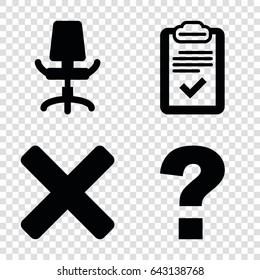 Question icons set. set of 4 question filled icons such as clipboard, office chair, cross