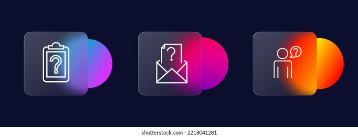 Juego de iconos de preguntas. Un documento desconocido, un sobre extraño, una persona pensante. Pregunta final. Estilo de glasmorfismo. Icono de línea de vector para negocios.
