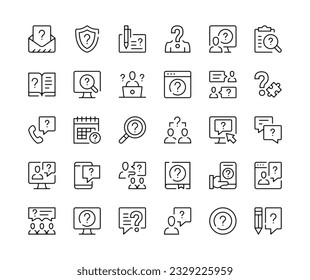 Question icons. Vector line icons set. Help, problem solving, solution, customer support concepts. Black outline stroke symbols