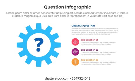 Pregunta Infografía Anuncio de Plantilla con engranaje grande y lista de puntos de pila Descripción con 3 puntos para Vector de presentación de diapositivas