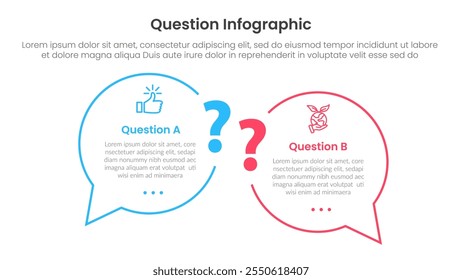 question infographic template banner with big question or discussion outline circle side by side with 2 points for slide presentation vector