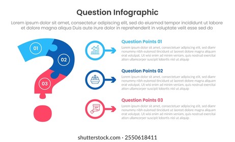 faixa de modelo de infográfico de pergunta com grande estrutura de quebra-cabeça de pergunta com pilha de seta em círculo de contorno com 3 pontos para o vetor de apresentação de slide