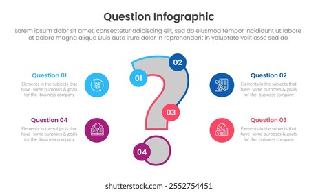 Anuncio de la Plantilla de la infografía de la pregunta con el signo de interrogación grande .and Pequeño círculo a lo largo de la circular lateral con 4 puntos para el Vector de la presentación de la diapositiva