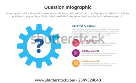 question infographic template banner with big gear and stack point list description with 3 points for slide presentation vector