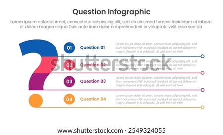 question infographic template banner with big question mark and line bottom divider with 4 points for slide presentation vector
