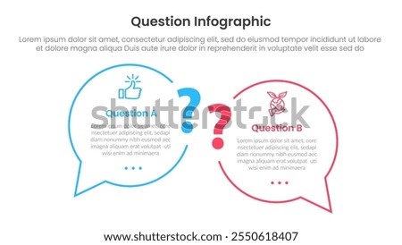 question infographic template banner with big question or discussion outline circle side by side with 2 points for slide presentation vector