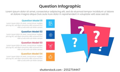 Pregunta Infografía Plantilla Anuncio con insignia de discusión de rótulo y Vertical de lista de puntos cuadrados con 4 puntos para Vector de presentación de diapositivas