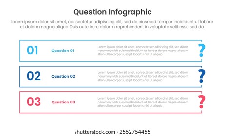 Pregunta Infografía Anuncio de la Plantilla con la posición larga de la pila del rectángulo del contorno con 3 puntos para el Vector de presentación de la diapositiva