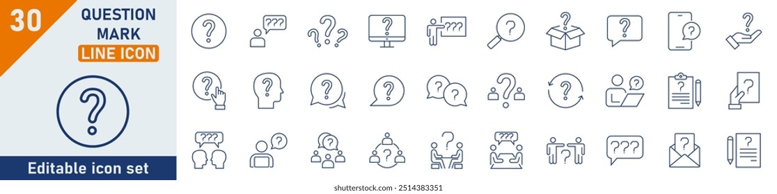 Conjunto de ícones de linha de pergunta. Conjunto de 30 ícones de estrutura de tópicos relacionados a pergunta, problema, pergunta, faq, confusão e outros. Coleção de ícones de estrutura de tópicos da pergunta. Ilustração vetorial.