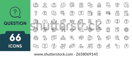 Question Line Icon Set. Set of 66 outline icons including question marks, FAQs, support, help desk, curiosity, inquiry, and information symbols. Editable stroke. Linear vector illustration.