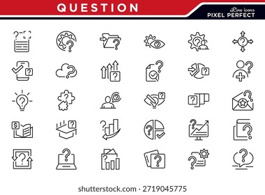 Conjunto de iconos de línea de pregunta.  Preguntas frecuentes, manual, búsqueda, guía, instrucción, confusión, preguntas y preguntas, signo de interrogación, conjunto de íconos de línea de Encuesta. Ui paquete de iconos de línea delgada.