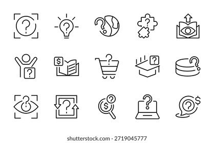 Conjunto de iconos de línea de pregunta.  Preguntas frecuentes, manual, búsqueda, guía, instrucción, confusión, preguntas y preguntas, signo de interrogación, conjunto de íconos de línea de Encuesta. Ui paquete de iconos de línea delgada.