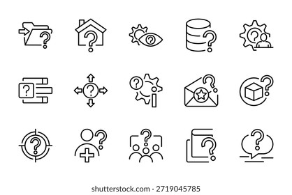 Conjunto de iconos de línea de pregunta.  Preguntas frecuentes, manual, búsqueda, guía, instrucción, confusión, preguntas y preguntas, signo de interrogación, conjunto de íconos de línea de Encuesta. Ui paquete de iconos de línea delgada.