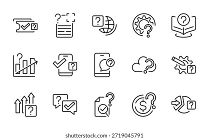 Conjunto de iconos de línea de pregunta.  Preguntas frecuentes, manual, búsqueda, guía, instrucción, confusión, preguntas y preguntas, signo de interrogación, conjunto de íconos de línea de Encuesta. Ui paquete de iconos de línea delgada.