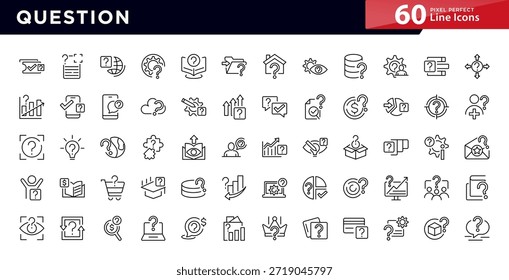 Conjunto de iconos de línea de pregunta.  Preguntas frecuentes, manual, búsqueda, guía, instrucción, confusión, preguntas y preguntas, signo de interrogación, conjunto de íconos de línea de Encuesta. Ui paquete de iconos de línea delgada.