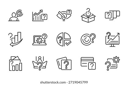 Conjunto de iconos de línea de pregunta.  Preguntas frecuentes, manual, búsqueda, guía, instrucción, confusión, preguntas y preguntas, signo de interrogación, conjunto de íconos de línea de Encuesta. Ui paquete de iconos de línea delgada.