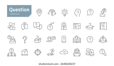 Conjunto de iconos de línea de pregunta. Signo de interrogación, Pensamiento, Pregunta, Confusión, Respuesta, Ayuda, Perdido. Ilustración vectorial de trazo editable