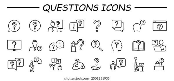 Question line icon set. Problem, confusion, asking and questioning, question mark. Outline vector icon in linear style. 