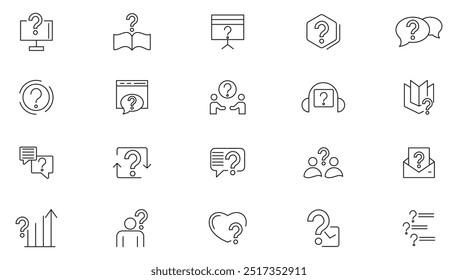 Question line icon set. Problem, confusion, asking, questioning, question mark, ask, help, speech, button, chat, quiz question, problem solve line icon collection. UI thin line icon pack.