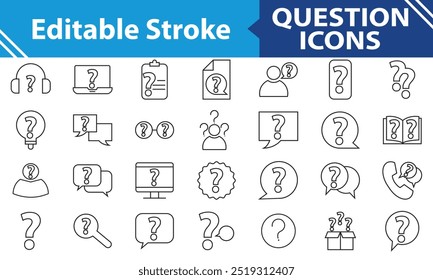 Question line icon set. Problem, confusion, asking and questioning, question mark. Editable Stroke. Conceptual pictogram collection. isolated on white background. Vector files EPS 10
