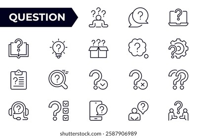 Question line icon set. Problem, confusion, asking and questioning, question mark. Outline vector icon in linear set. 