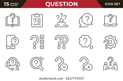 Conjunto de ícones de linha de pergunta. Problema, confusão, fazer perguntas e questionar, ponto de interrogação. Ícone de vetor de contorno em conjunto linear. 