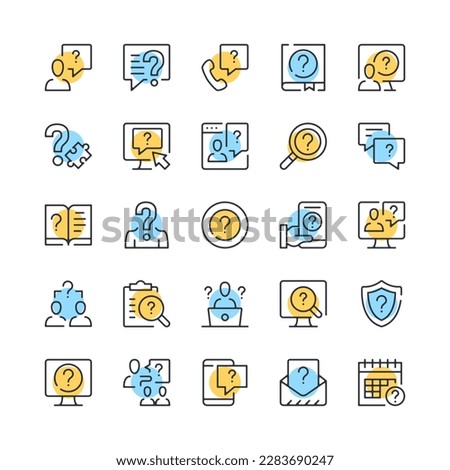 Question line icons. Set of question icons. Black, blue and yellow colors. Modern outline graphic design. Vector line icons set