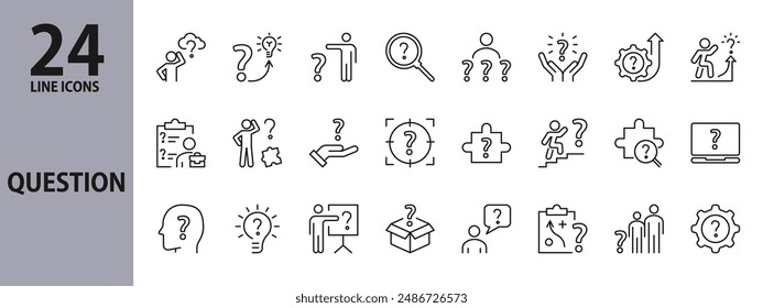 Question line icons set with Question Mark, Problem, Wonder, Puzzle, Query, Object, Confused Person, Think and more. Editable Stroke