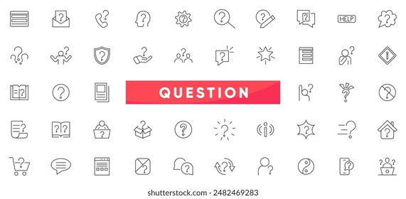 Question line Icons set. Problem, confusion, asking, questioning, question mark and quiz question outline icon collection. UI thin outline icons pack.