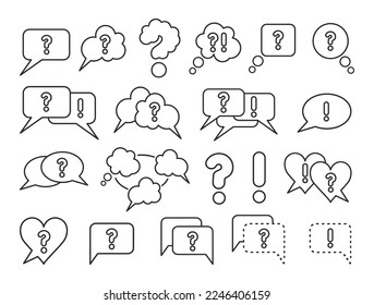 Question logo. Speech bubble mark. Chat app icon. Circle stamp. Message label. Communication concept. Creative button and graphic punctuation silhouettes. Vector line current pictograms set