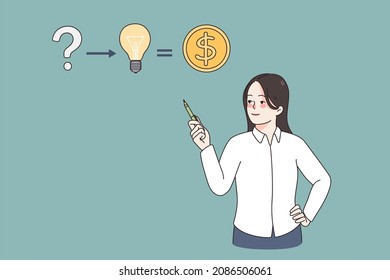 From question to making money concept. Young woman worker standing pointing at direction from question to great idea to making income profit vector illustration 