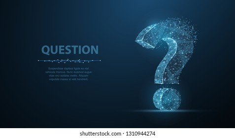 Question mark. 3d abstract vector on dark blue background with dots and stars. Ask symbol. Help support, faq problem symbol, think education concept, confusion search illustration or background