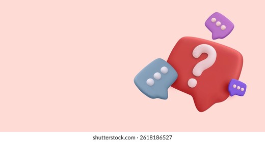 Question Mark And 3D Chat Bubbles In Vibrant Colors On Soft Background. Ideal For Help Center, FAQ, Support, Messaging, And Communication Design. Modern Vector Illustration.