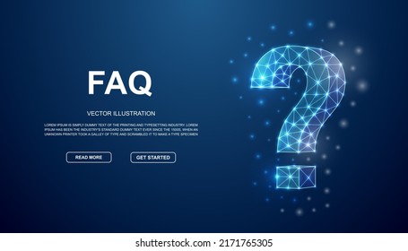 Question mark 3d low poly symbol with connected dots for blue landing page. Help support design illustration concept. Polygonal FAQ illustration