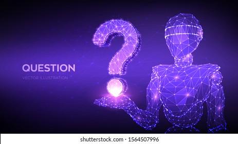 Question mark. Abstract 3d low polygonal robot holding Question sign. Ask symbol. Help support, faq problem, think education concept, confusion search illustration or background. Vector illustration.