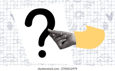 question mark. question. ask. collage with a question mark. ask something. unclear question. doodle style. clarification. answers to questions. vector. people. human hand.