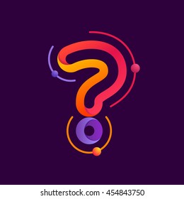 Question mark with atoms orbits. Bright color vector design for science, biology, physics, chemistry company. 