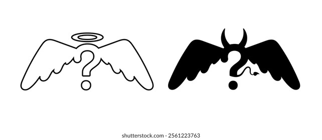 Question mark with attributes of angel and demon. Symbol of unknown and uncertainty between good and evil. Spiritual understanding of problems.