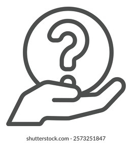 Question mark ball in hand line icon, family psychology concept. Vector graphics. Ask bubble in hand palm sign on white background, outline style icon for mobile or web design