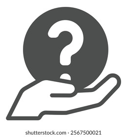 Question mark ball in hand solid icon, family psychology concept. Vector graphics. Ask bubble in hand palm sign on white background, glyph style icon for mobile or web design