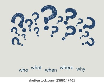 Cartel de la marca de preguntas con palabras ¿Quién qué cuándo? ¿Por qué? Concepto de resolución de problemas.Decisión o incertidumbre o estrategia.Investigar y resolver preguntas Solución de problemas - Estilo de dibujo manual