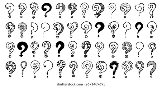 Signo de interrogación conjunto grande. Dibujado a mano en diferentes estilos y Formas. Doodle sketch esboza símbolos para el diseño, presentaciones, carteles, concursos y proyectos creativos. 