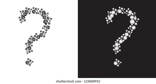 Signo de interrogación de brillantes negros sobre el fondo blanco y de diamantes blancos sobre el fondo negro