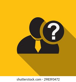 Question mark black man silhouette icon on the yellow background, long shadow flat design icon for forums or web