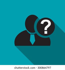 Question mark black man silhouette icon on the blue background, long shadow flat design icon for forums or web