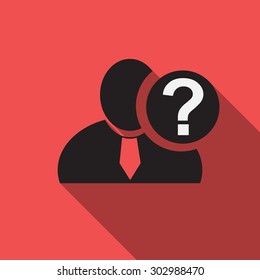 Question mark black man silhouette icon on the red vintage background, long shadow flat design icon for forums or web