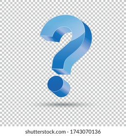 Question mark with blue color, 3D design on checked transparent background. Vector illustration. Eps 10 vector file.