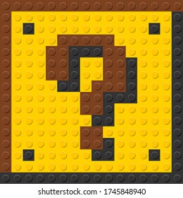 Question Mark Box game icon from plastic building bricks blocks toy. Blue background. vector illustration.