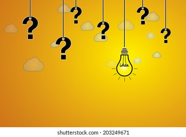 question mark & bright yellow light bulb with idea text hanging